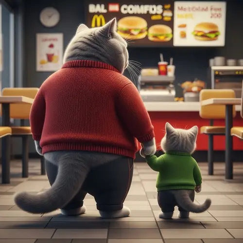 Realistic Grey British Cat and Kitten in Sweaters at Fast-Food Restaurant