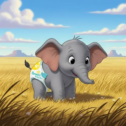 Newborn Elephant in Pampers Baby Dry Diapers | Cute Cartoon Image