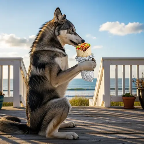 Fit Wolf Enjoying Burrito at Beach House