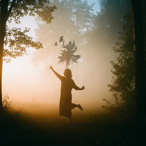 Mysterious Figure in Misty Forest | Surreal Vintage Composition