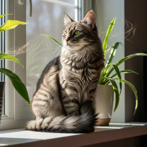 Striped Gray Long-Haired Cat Enjoying Sunny Windowsill