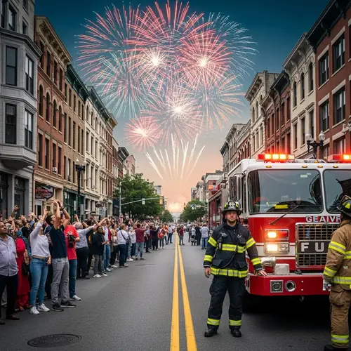 City Celebration Fireworks Display | Diverse Crowd & Firefighter