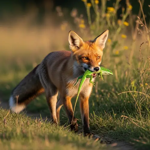 Red Fox Carrying a Lizard in Its Mouth