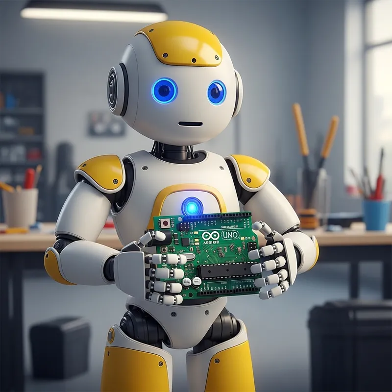 Full-Bodied Child-Like Robot Holding Arduino Board in White, Yellow, Blue Colors