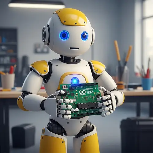 Child-Like Robot Holding Arduino Board in White, Yellow, Blue Colors