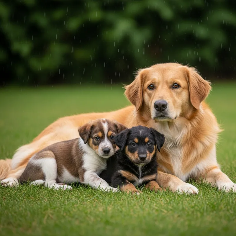Adorable Puppies and Mother Dog Sheltering in Rain
