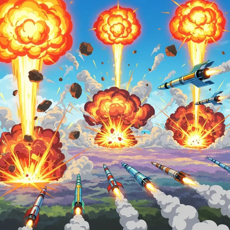Intense Explosions and Rockets in Vibrant Cartoon Scene Intense Explosions and Rockets in Vibrant Cartoon Scene