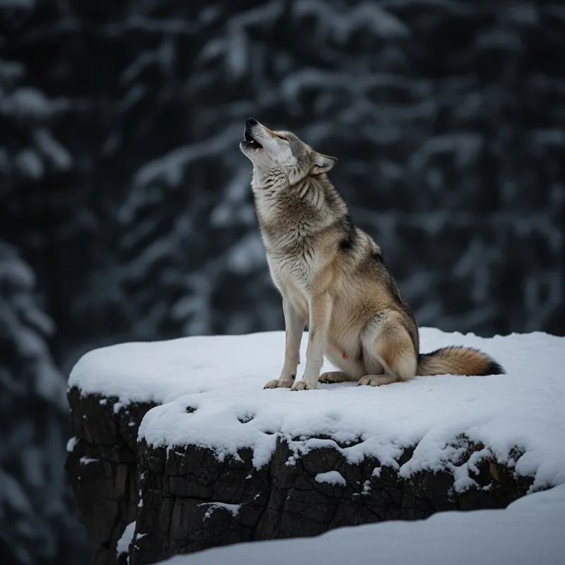 Crying Wolf in Moonlight on Snowy Cliff