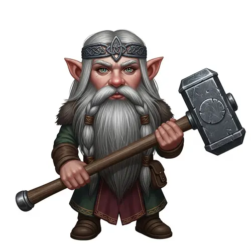 Bearded Gnome Girl with Diadem and Hammer - Symbol of Strength