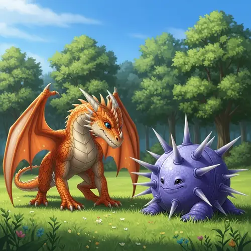 Orange Dragon and Aquatic Sea Urchin Creature in Grass Field
