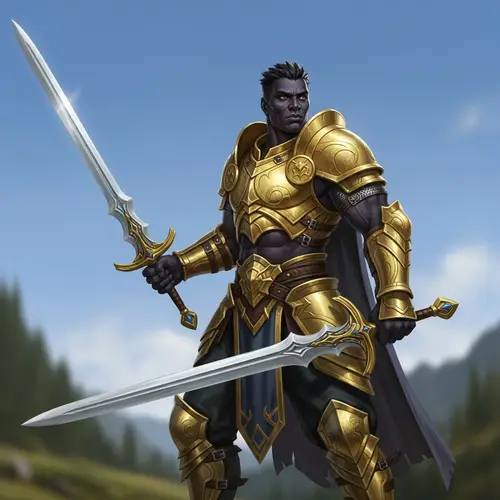 Powerful Dragonborn Paladin in Ebony Armor with Dual Swords