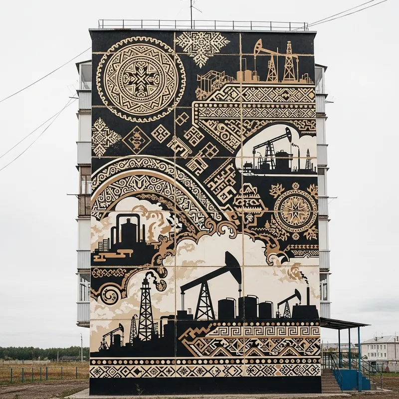 Ingush Ornament & Oil Production Mural: 5-Story Building Art