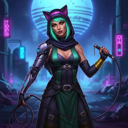 Futuristic Cat Lady with Cybernetic Arm in Neo Aesthetic