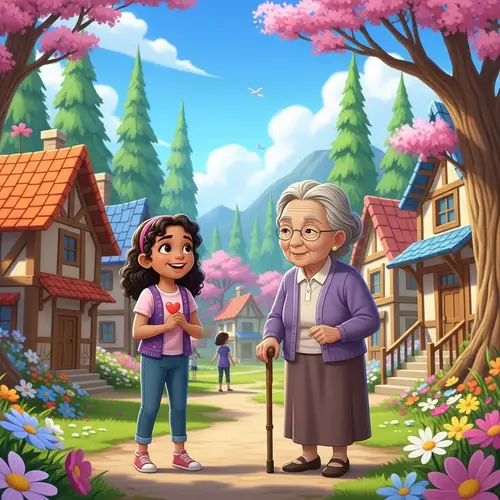 Serene Village with Blooming Flowers: Middle-Eastern Girl and Wise Asian Grandmother Story