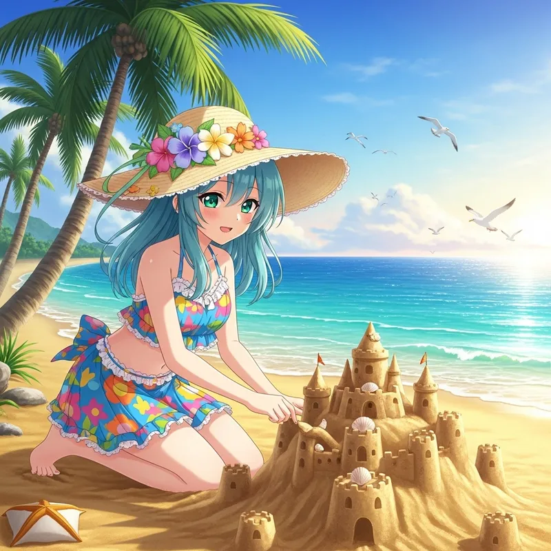 Anime Girl Building Sand Castle on Colorful Tropical Beach Anime Girl Building Sand Castle on Colorful Tropical Beach