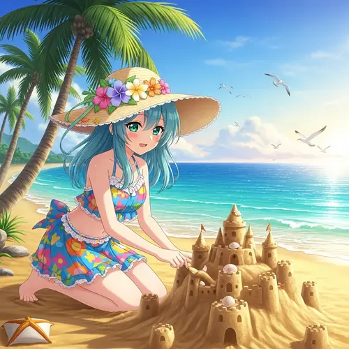Anime Girl Beach Vacation in Bikini - Colorful Tropical Scene