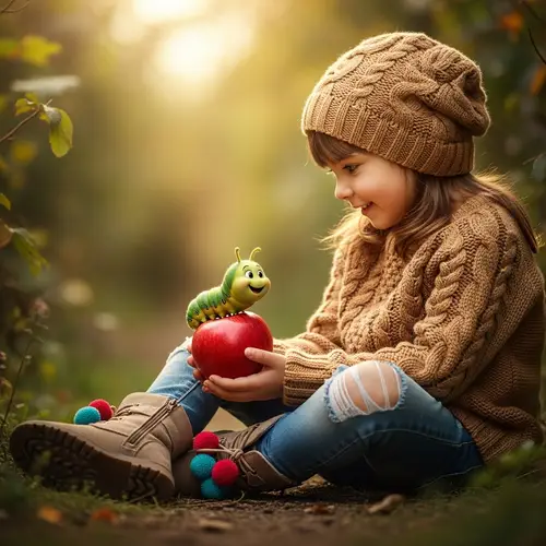 Cute Girl and Happy Caterpillar: A Sweet Moment