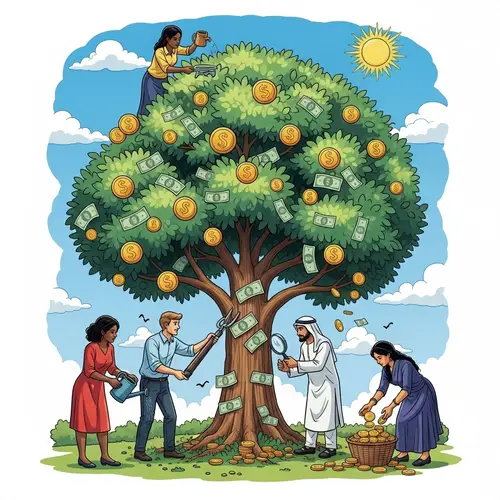 Money Management: Vibrant Tree with Coins and People
