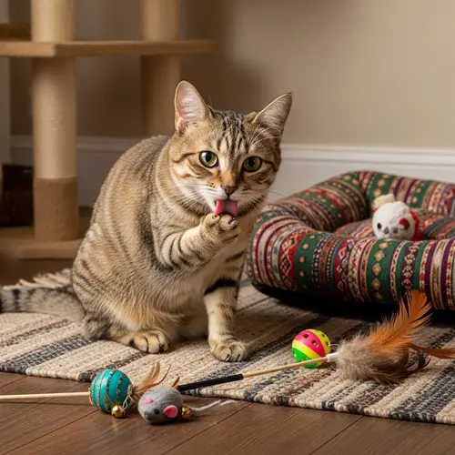 Lovable Domestic Cat on Rustic Rug with Playful Toys