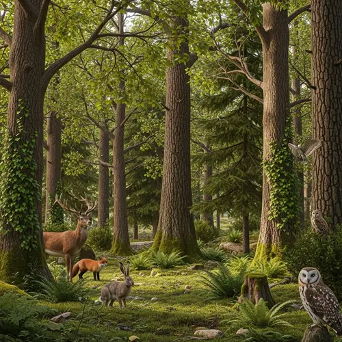Tranquil Forest Teeming with Life - Ancient Trees, Wild Animals, Lush Greenery