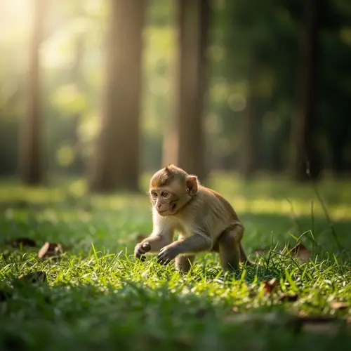 South Asian Monkey Running Hands Through Vibrant Grass in Forest