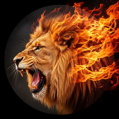 Roaring Lion Profile in Circle with Flames | Website