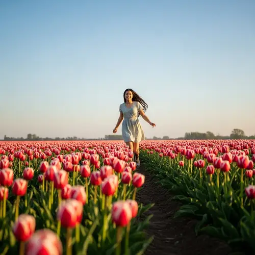 Joyous Hispanic Teenage Girl Running Through Vibrant Tulip Field