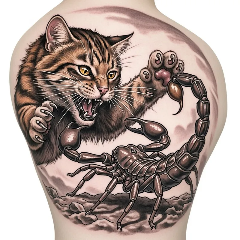Cat Fighting Scorpion Tattoo Design