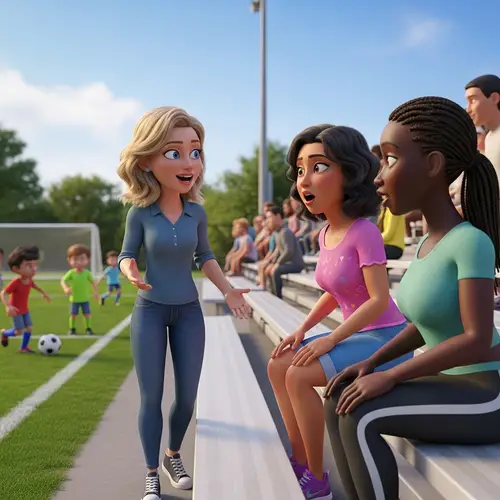 Vibrant 3D Animation: Diverse Moms Chat at Soccer Game