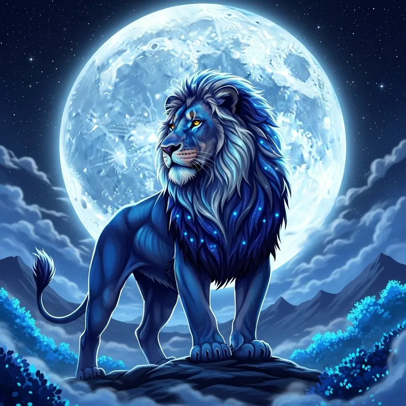 Blue Lion Under Full Moon | Majestic Lunar Dreamscape