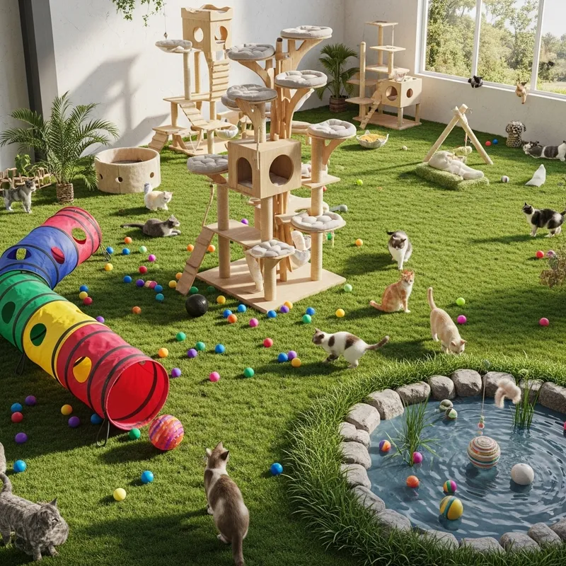Colorful Cat Playground with Multilevel Tree & Tunnel