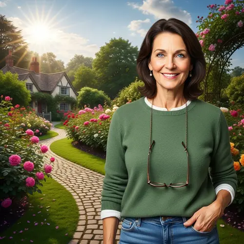 Middle-Aged Caucasian Woman Smiling in English Cottage Garden