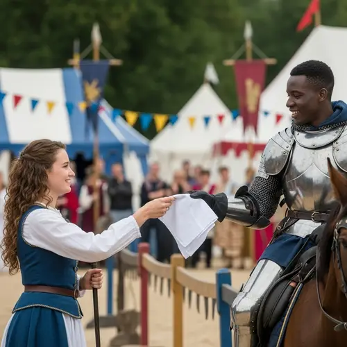 Caucasian Lady Gifts Victory Handkerchief to Black Knight