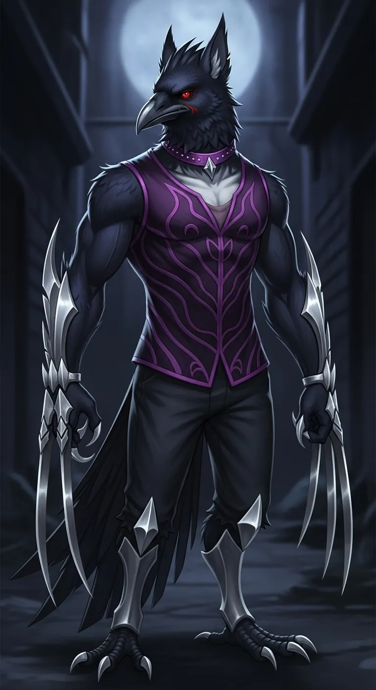 Anthropomorphic Crow Artwork with Sharp Feathers and Silver Talons