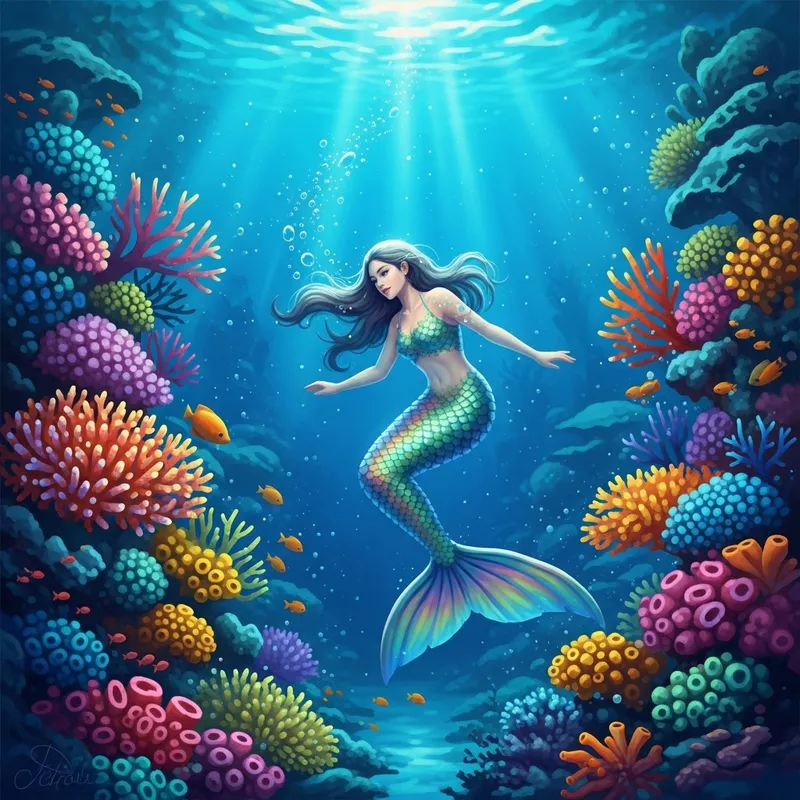 Ethereal Mermaid Among Vibrant Coral Reefs in Ocean Depths Ethereal Mermaid Among Vibrant Coral Reefs in Ocean Depths