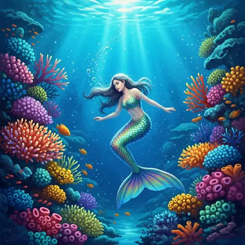 Enchanting Underwater Display: Mermaid in Rainbow-colored Coral Reef