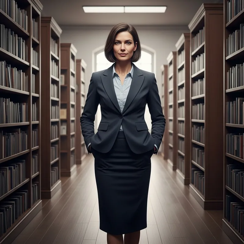 40-Year-Old Woman with Kare Hairstyle in Library Room