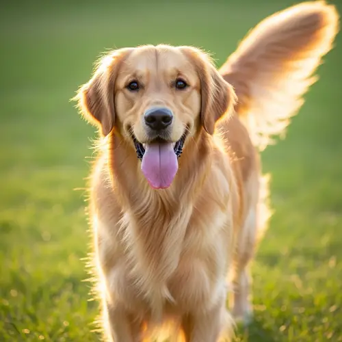 Happy Golden Retriever Enjoying Sun in Grass Field