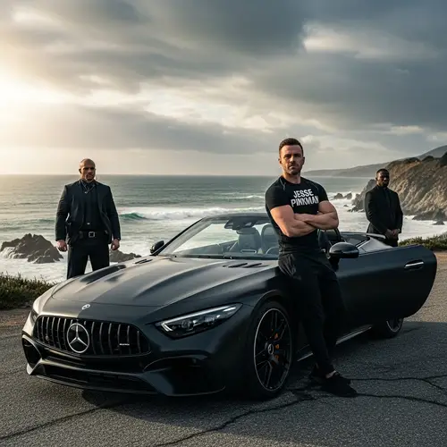 Oceanic Landscape: Mercedes, Muscular Man, and Bodyguards