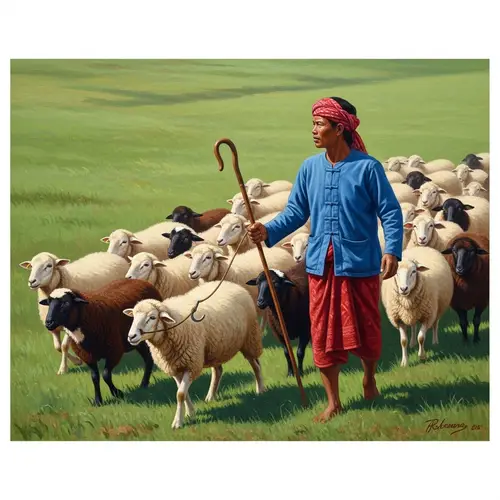 Diverse Shepherd Leading Flock in Lush Meadow | Symbolism of Unity