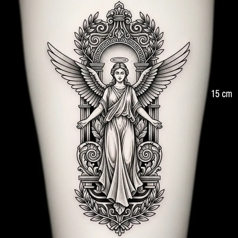 Detailed Greek Style Angel Tattoo in Pointillism | Purity Embodying Design Detailed Greek Style Angel Tattoo in Pointillism | Purity Embodying Design