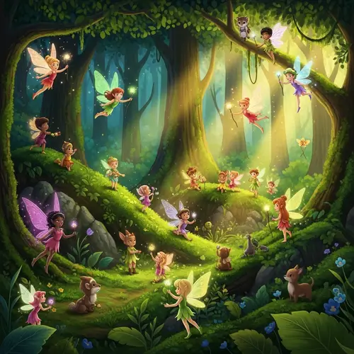 Enchanting Forest Scene with Fairies and Woodland Creatures