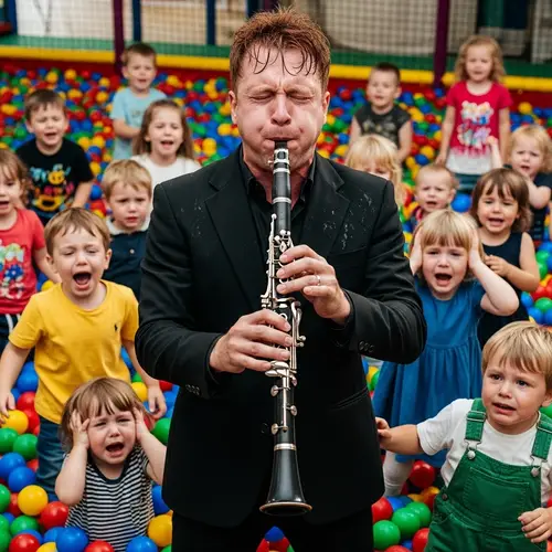 Red-Haired Clarinet Player in Crying Kids Ball Pit
