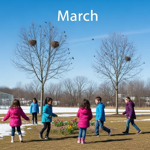 March: Bright Sunny Day, Birds Return, Kids Play Outside