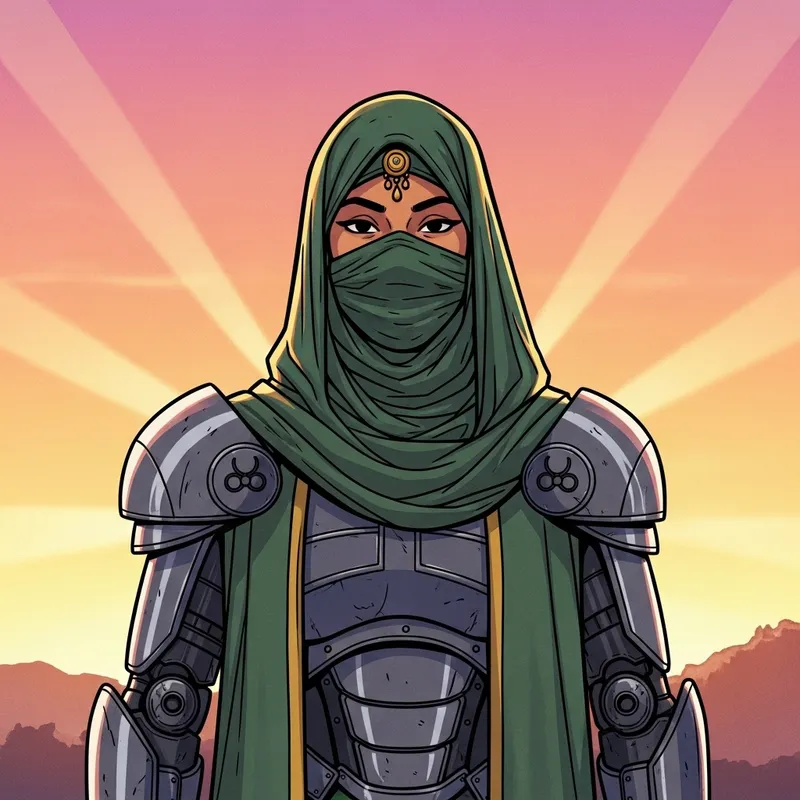 Beautiful South Asian Woman in Hijab Armor at Sunset | Anime Art Style