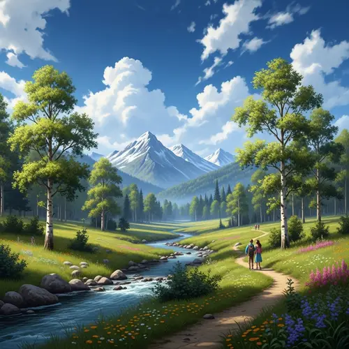 Tranquil Forest and Snow-Capped Peaks: Serene Landscape Vista