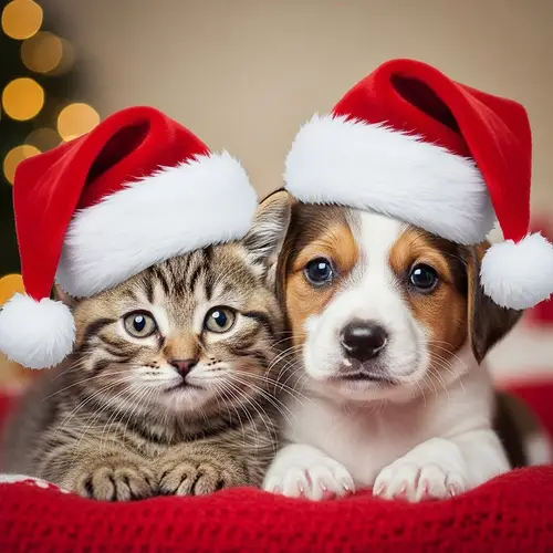 Cuddly Kitten and Puppy in Christmas Hats | Festive Holiday Scene