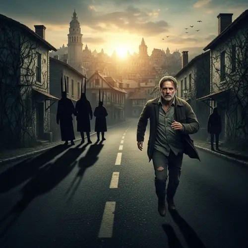 Haunted Past: Middle-aged Man Sprinting Towards Mysterious Town