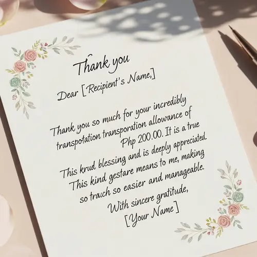 Heartfelt Thank You Note for Generous Transportation Allowance | Php. 200.00