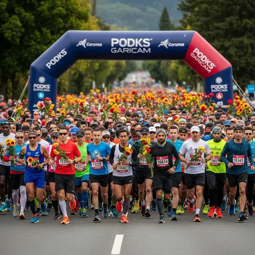 Diverse Marathon Runners with Flowers Running in Colorful Landscape
